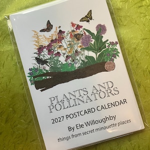 May include: A 2027 postcard calendar titled PLANTS AND POLLINATORS by Ele Willoughby, things from secret minouette places. The cover features a colorful illustration of various wildflowers, a brown log, and butterflies in a clear plastic sleeve.