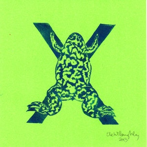 Xenopus X Monogram Linocut of the African Clawed Frog, Alphabet Typographic Lino Block Print