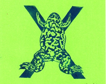 Xenopus X Monogram Linocut of the African Clawed Frog, Alphabet Typographic Lino Block Print