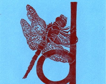 Dragonfly D Monogram Print, Alphabet Typographic Lino Block Print, Dragonfly, Damselfly, Insect