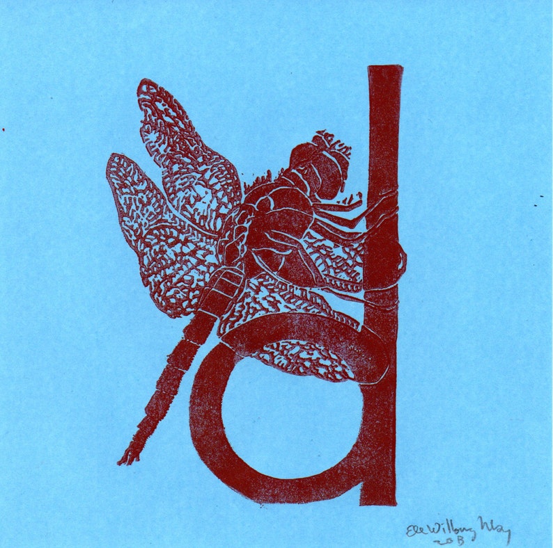 Dragonfly D Monogram Print, Alphabet Typographic Lino Block Print, Dragonfly, Damselfly, Insect image 1