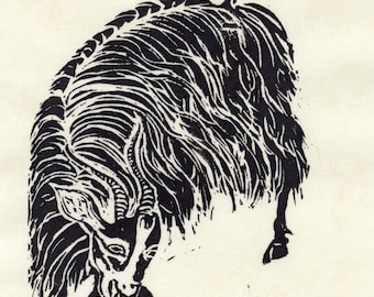 Yang, The Sheep or Goat, Linocut, 8th in Chinese Zodiac, limited edition, Black and White Chinese Year of the Sheep Lino Block Print