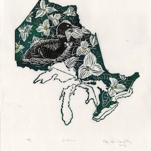 Linogravure de l'Ontario avec  trilles blanc et un plongeon huard