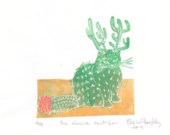 The Elusive Cactibou Mini Print, a linocut imaginary cactus cat caribou animal, Cryptozoology, Imaginary Zoology Tiny Lino Block Print