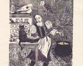 Potion Brewing Linocut Print, Illustrated Hedge Witch With Familiars