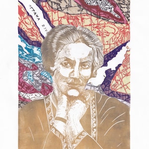 Linocut portrait of trailblazing Canadian geologist and paleontogist Alice Wilson with geological map