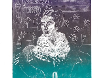 Mary Somerville, Lino Block Print of the Mathematician, Scientist and Writer, Women in Science