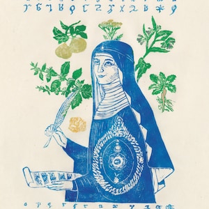 Lino Block Print of Hildegard von Bingen, History of Medicine, Natural History, Women in Science immagine 1