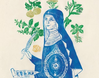 Linogravure d'Hildegard von Bingen, figure marquante de l'apogée de la médecine monastique de la fin du Haut Moyen Âge