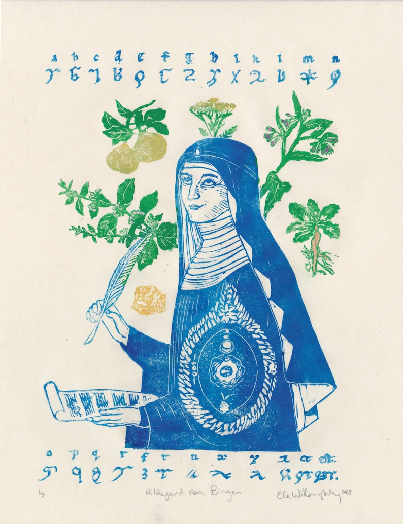 Lino Block Print of Hildegard von Bingen, History of Medicine, Natural History, Women in Science image 1