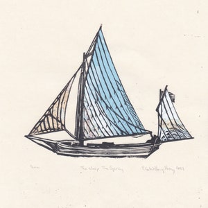 Linogravure du voilier Le Spray sur papier japonais et des cartes marins