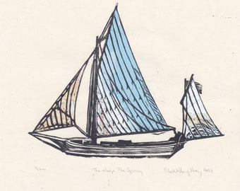 The sloop The Spray lino block print on Japanese paper and maps, Sailing History