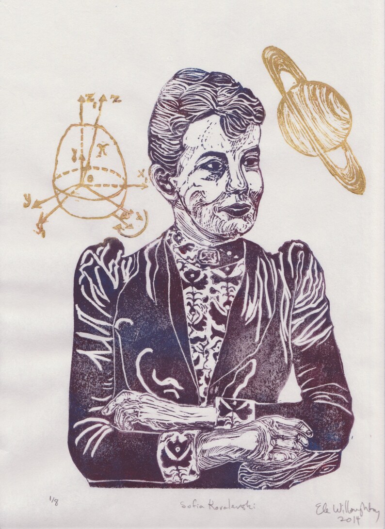 Mathematician Sofia Kovalevski Print, History of Science, Math & Literature, Women in STEM, Lino Block Portrait image 1
