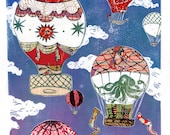 Hot Air Balloons V - Multimedia - Linocut Vintage Hot Air Balloons on Cloudy Sky with Collaged Japanese Papers & Ephemera