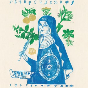 Lino Block Print of Hildegard von Bingen, History of Medicine, Natural History, Women in Science immagine 4