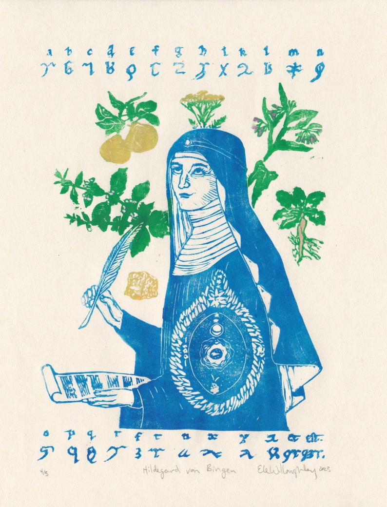 Lino Block Print of Hildegard von Bingen, History of Medicine, Natural History, Women in Science image 4