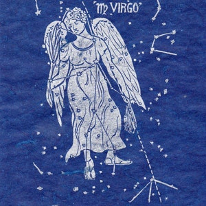 Virgo Constellation Linocut in Silver on Blue Constellations of the Zodiac Lino Block Print Collection Virgo Star Map image 2