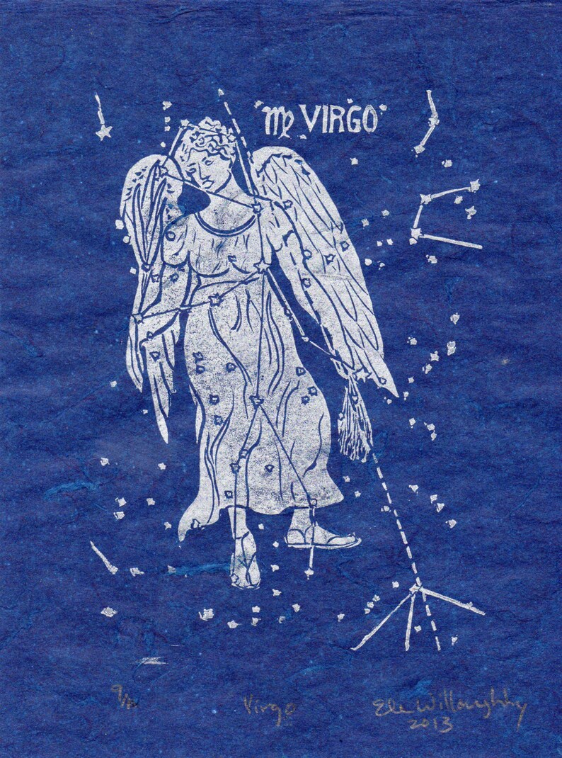 Virgo Constellation Linocut in Silver on Blue Constellations of the Zodiac Lino Block Print Collection Virgo Star Map image 2