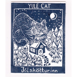 Set of 5 Printed Yule Cat Card, with Image of Linocut Gigantic Icelandic Christmas Cat, Jólakötturinn on Cabin in Woods image 6