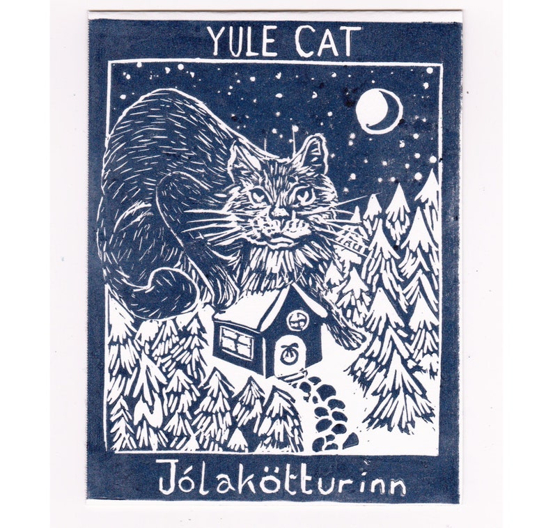 Set of 5 Printed Yule Cat Card, with Image of Linocut Gigantic Icelandic Christmas Cat, Jólakötturinn on Cabin in Woods image 6