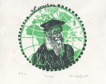Mercator the Map Maker Print, History of Science, Cartography, Geography, Lino Block Print Portrait