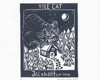 Yule Cat Lino Block Print, Jólakötturinn the giant Yuletide cat of Iceland Folklore