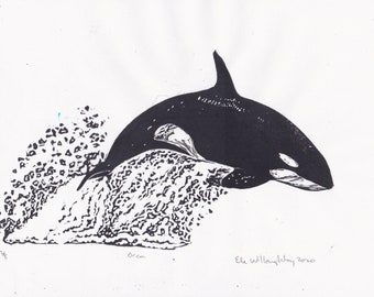 Orca Block Print, Linocut Print of a Killer Whale in Black and White