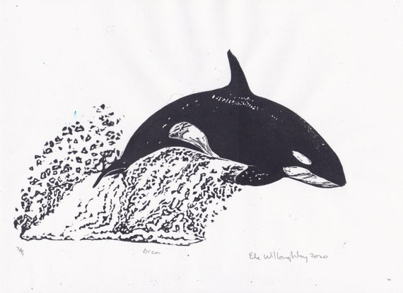 シャチのブロックプリント、白黒のリノカット版画 - Etsy 日本