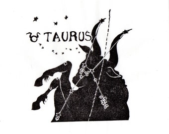 Taurus Constellation Print in Black and White, Constellations of the Zodiac Lino Block Print Collection, Taurus the Bull