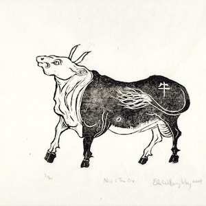 Niu- The Ox, Linocut, 2nd in the Chinese Zodiac, Black and White Lino Block Print Ox with Chinese Character