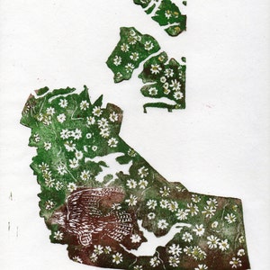 Northwest Territories, gyrfalcon and mountain avens print, Lino Block Print Maps of Canadian Provinces & Territories with Symbols image 2