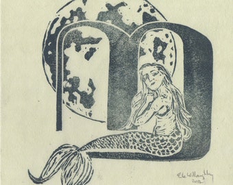 Mermaid Moon M Monogram Linocut, Alphabet Typographical Lino Block Print, Myth, Natural History, M is for Mermaid & Moon