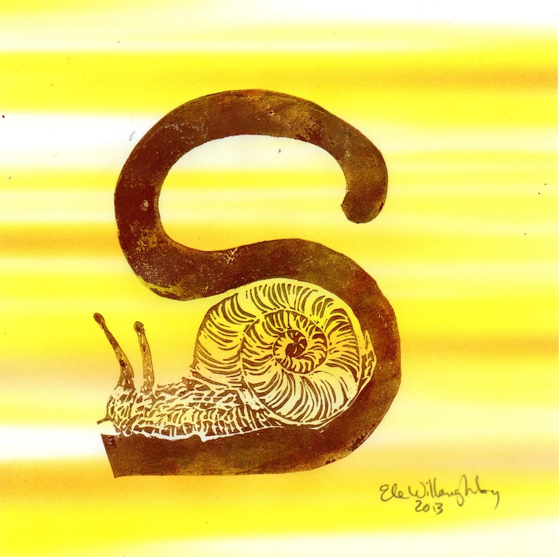 Snail S Monogram Linocut, Alphabet Typographic Lino Block Print, S is for Snail image 5