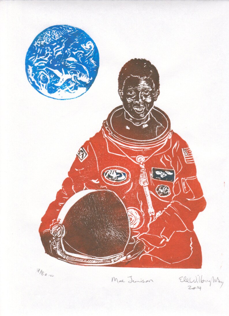 Astronaut Mae Jemison Portrait, Women in STEM, Lino Block Scientist Print, NASA and American Astronaut image 3