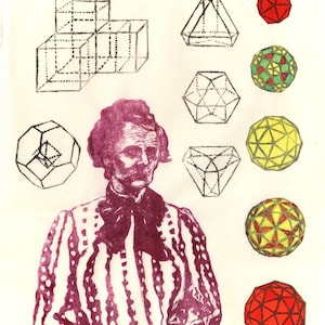 May include: A print featuring geometric shapes and a portrait of Alicia Boole Stott. The print includes various 3D shapes, including cubes, pyramids, and spheres, in black and white. The portrait and some shapes are in shades of purple. The artist's signature is visible.