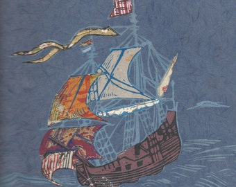 Sailing Ship XVIII, Block Print with Mixed Papers, Lino Block Print Historic Sailing Ship on Collaged Japanese Papers & Ephemera