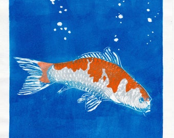 鯉のリノ版画、装飾用の錦鯉の手刷りレリーフ版画 - Etsy 日本