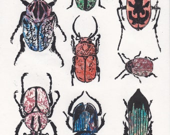Other Beetles, Handprinted Lino Block Beetles on Various Mono-printed Botanical Papers Mystery Print