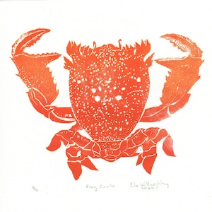 Lino Block Print Red Frog Crab, Ranina ranina, Spanner crab, True crab, Monarch of All Crabs image 1