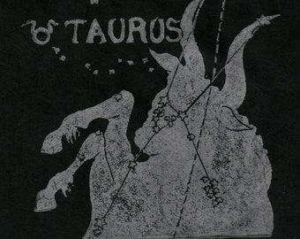 Taurus Constellation Print in Silver on Black, Constellations of the Zodiac Lino Block Print Collection