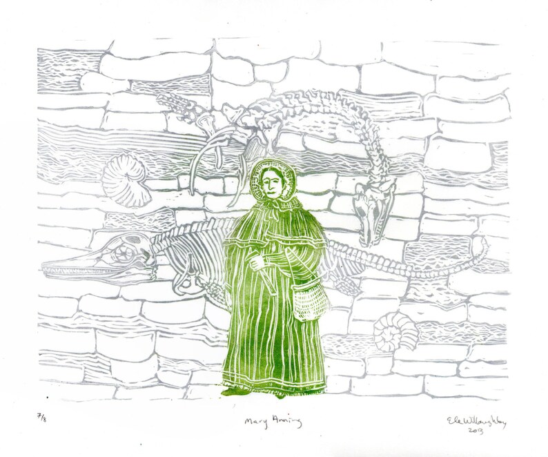 Mary Anning and Fossil Cliffs Linocut History of Paleontology, Women in STEM, Lino Block Print Scientist Portrait, Science, Dinosaur Fossils image 4