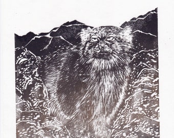 Linogravure d'un Manul ou Chat de Pallas dans les Montagnes