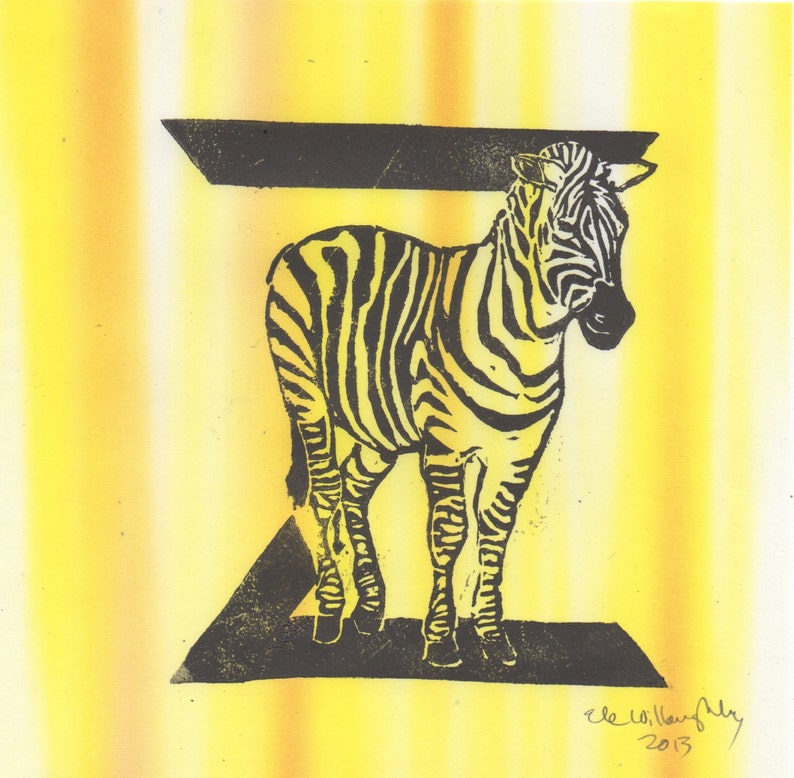 Zebra 'Z' Monogram Linocut Print on Washi Paper - Etsy
