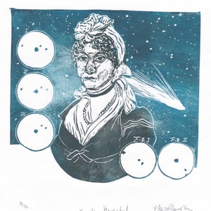 Portrait of Caroline Herschel, Pioneering Woman in Astronomy with Comets, Lino Block Print Astronomer, Woman in STEM image 2