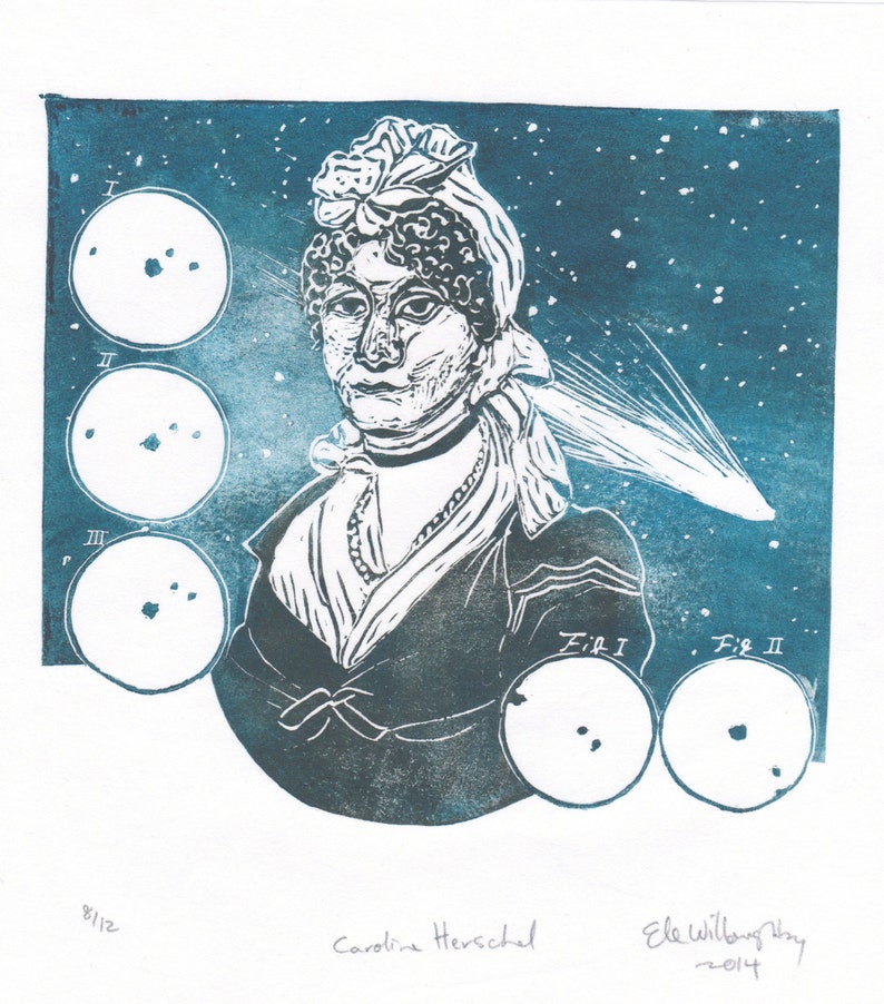 Portrait of Caroline Herschel, Pioneering Woman in Astronomy with Comets, Lino Block Print Astronomer, Woman in STEM image 2
