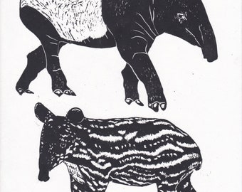 Tapir and Baby Linocut