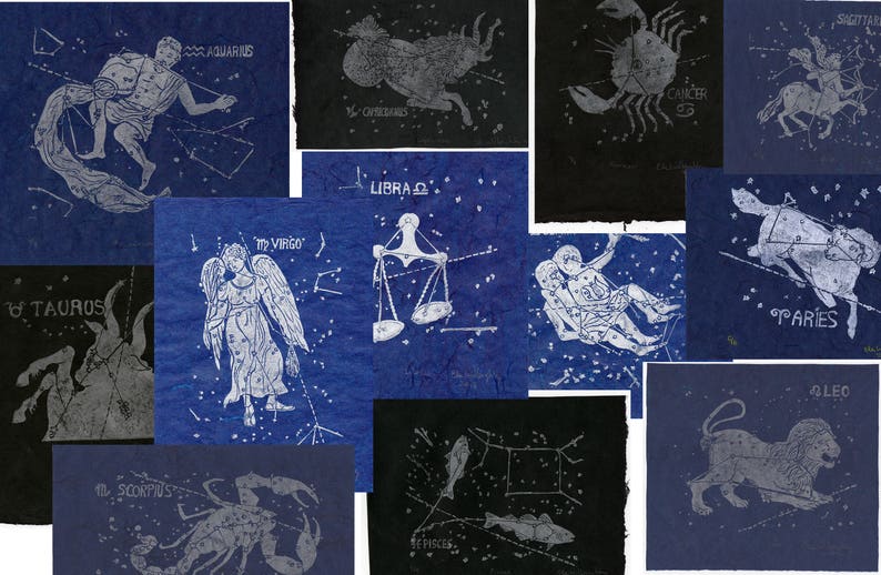 Virgo Constellation Linocut in Silver on Blue Constellations of the Zodiac Lino Block Print Collection Virgo Star Map image 6