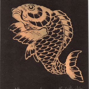 Koi Print, Lino Block Koi Fish or Carp Print on Lovely Orange Japanese Paper image 7