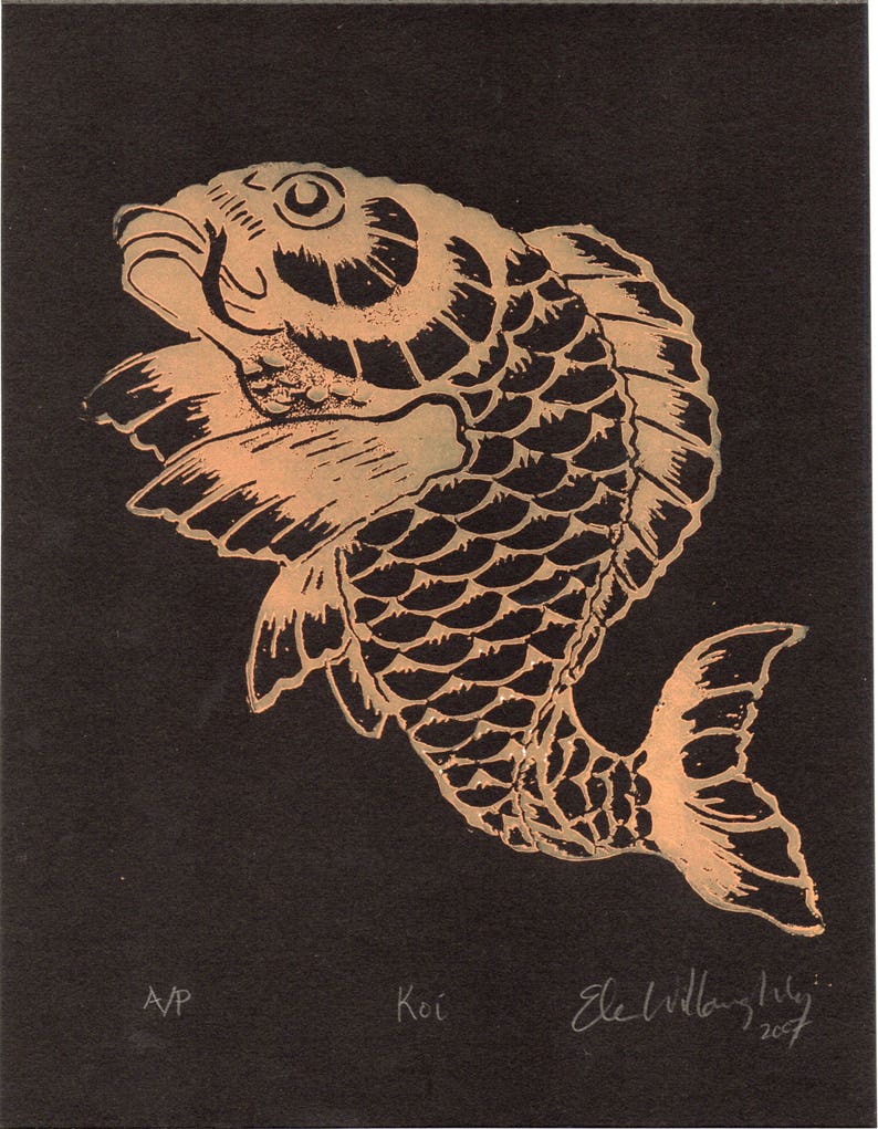 Koi Print, Lino Block Koi Fish or Carp Print on Lovely Orange Japanese Paper image 7