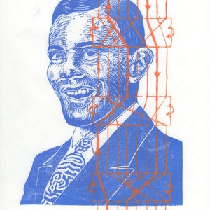 Linocut portrait of Alan Turing and the Enigma machine, History of Science Lino Block Portrait, Computer Science, Cryptography, Alan Turing image 1